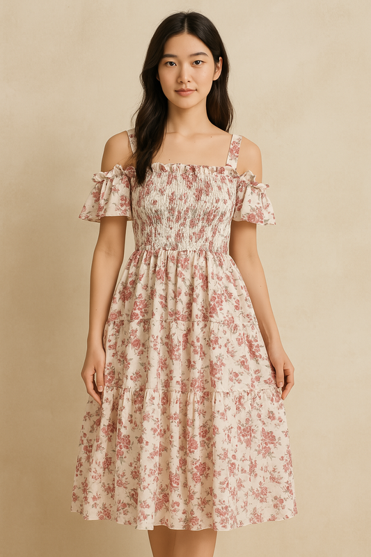 Women's Floral Midi Dress Off-Shoulder - Fashinoza