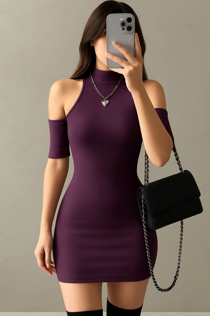 Women's Purple Ribbed Mini Cold Shoulder Dress