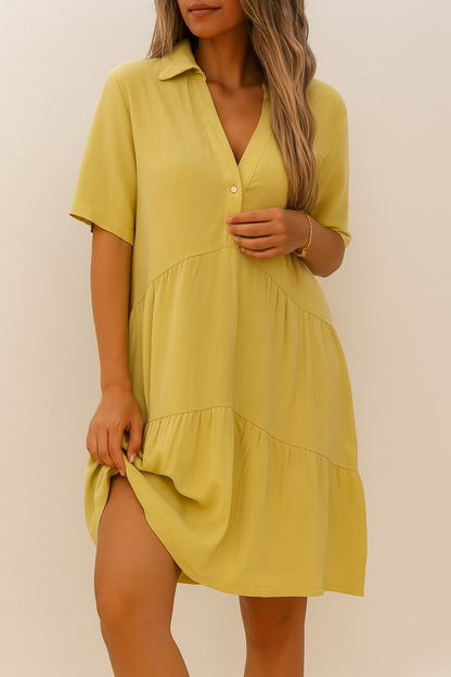 Women's Linen Shirt Dress Tiered Yellow