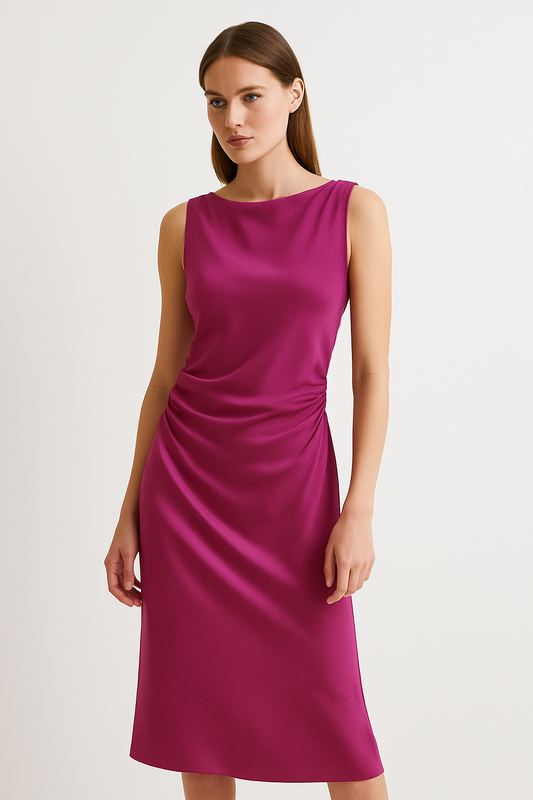 Women's Fuchsia Satin Midi Dress with Side Draping - Fashinoza