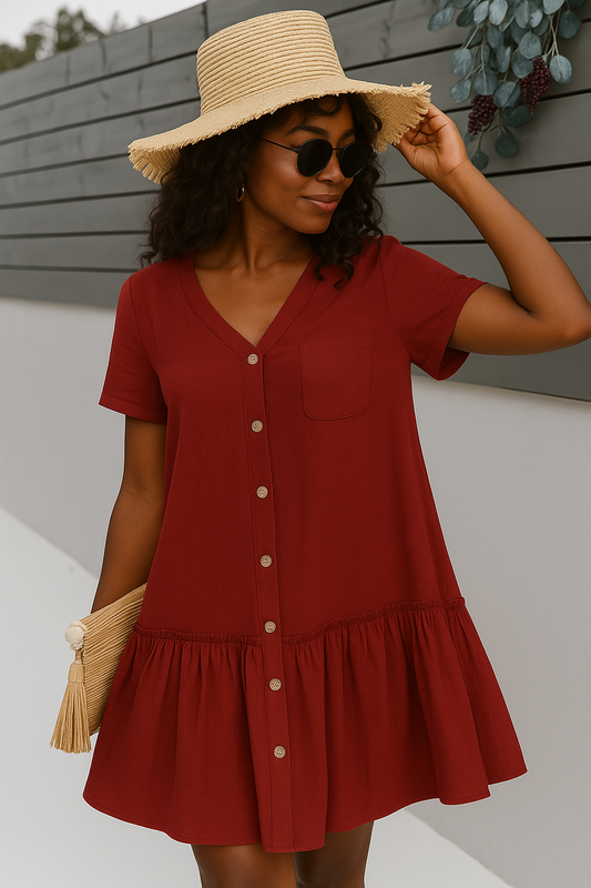 Women's Burgundy Button Down Summer Dress Ruffle Hem - Fashinoza