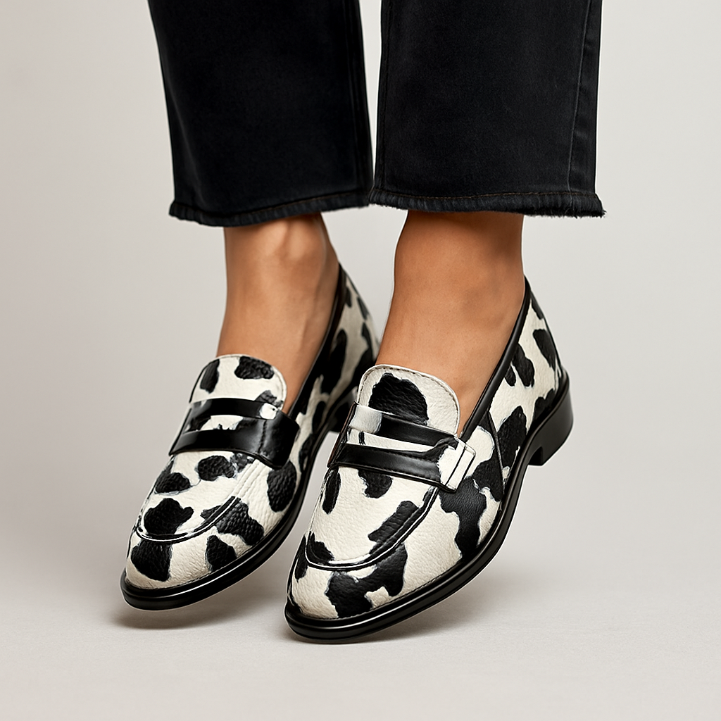 Women's Cow Print Slip-On Loafers - Fashinoza