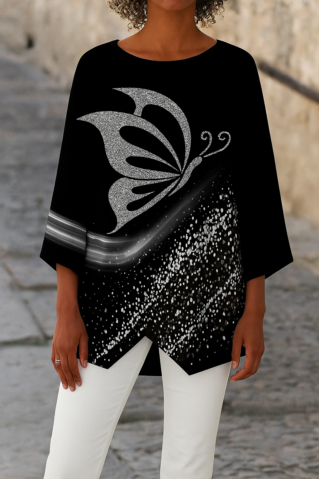 Women's Round Neck Blouse Long Sleeves Butterfly Print