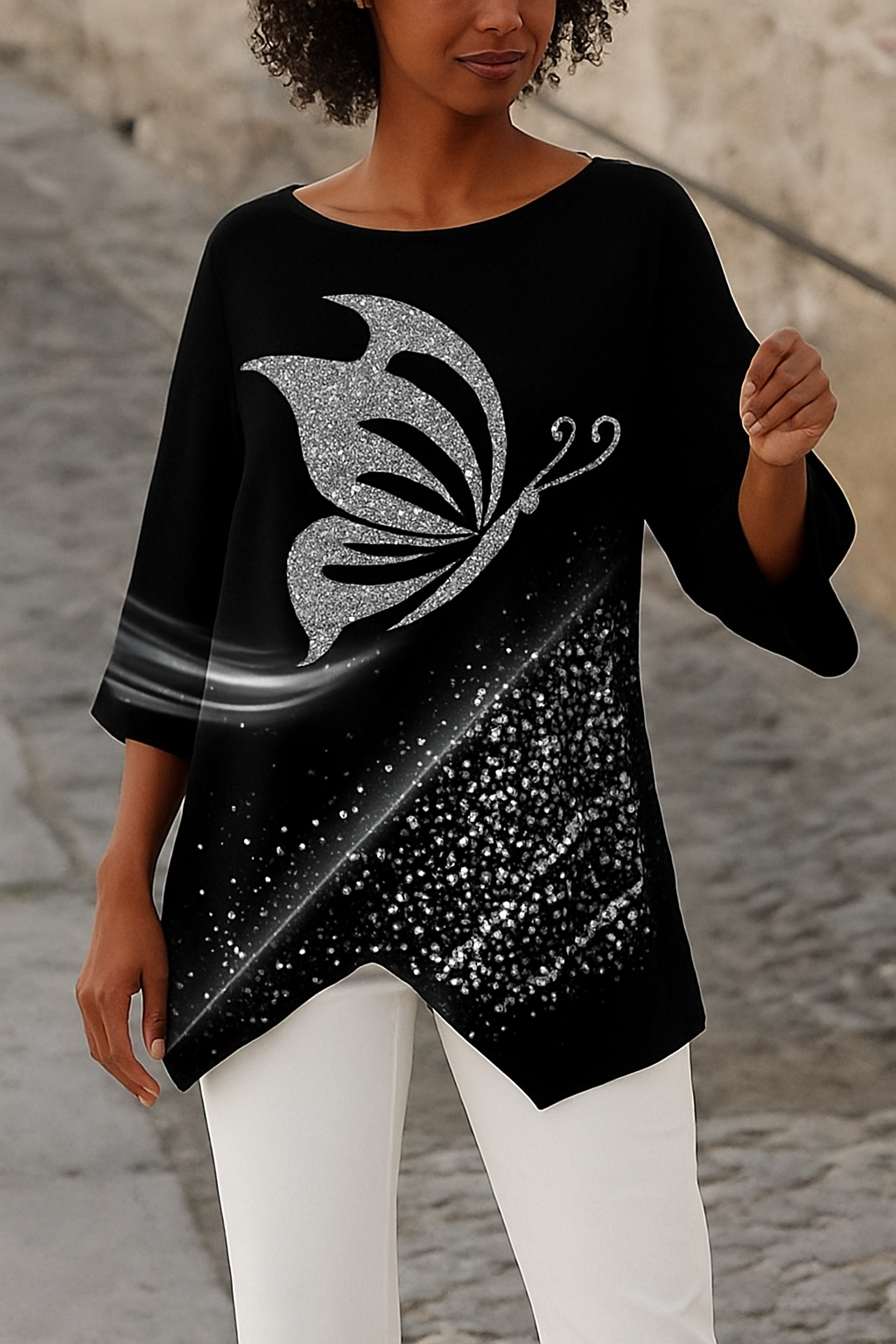Women's Round Neck Blouse Long Sleeves Butterfly Print - Fashinoza