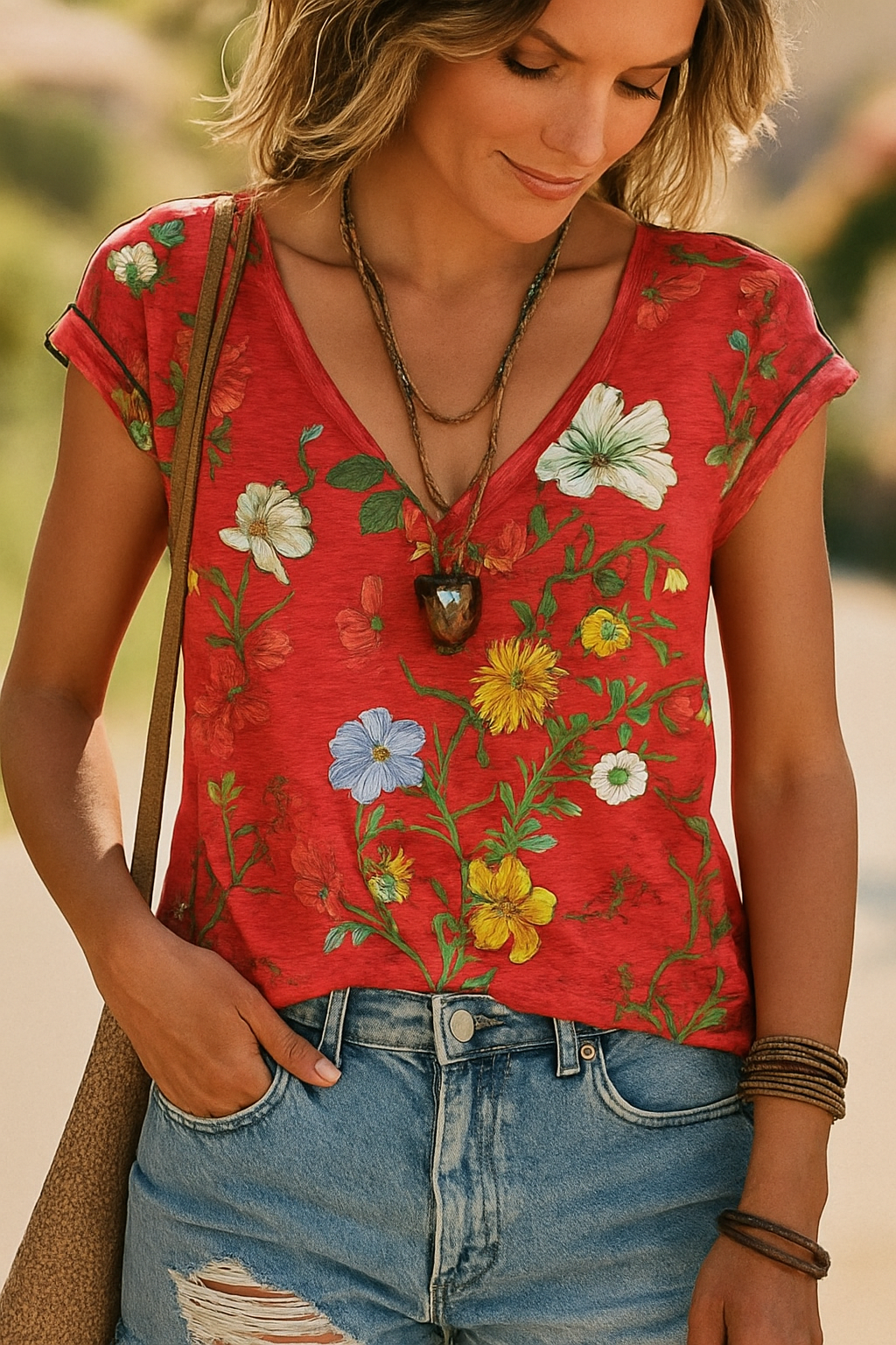 Women's V-Neck Floral T-Shirt - Fashinoza