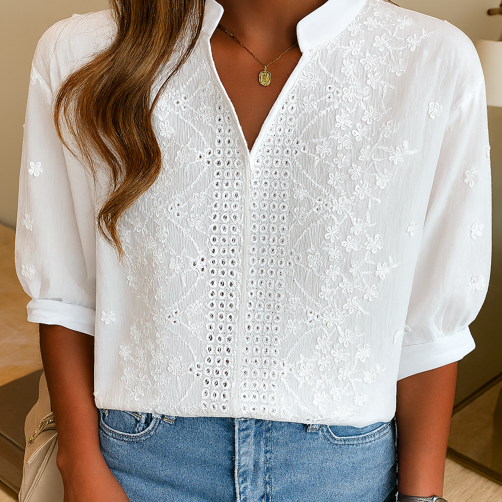 Women's V Neck Lace Blouse White - Fashinoza
