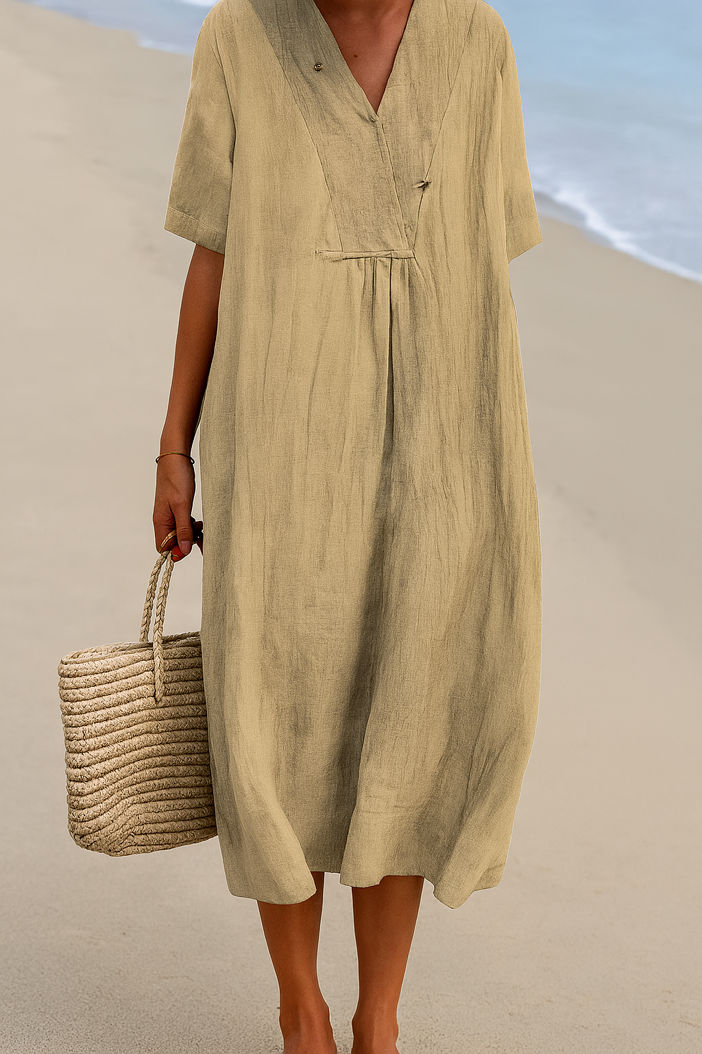 Women's Relaxed Fit V-Neck Short Sleeve Beach Dress