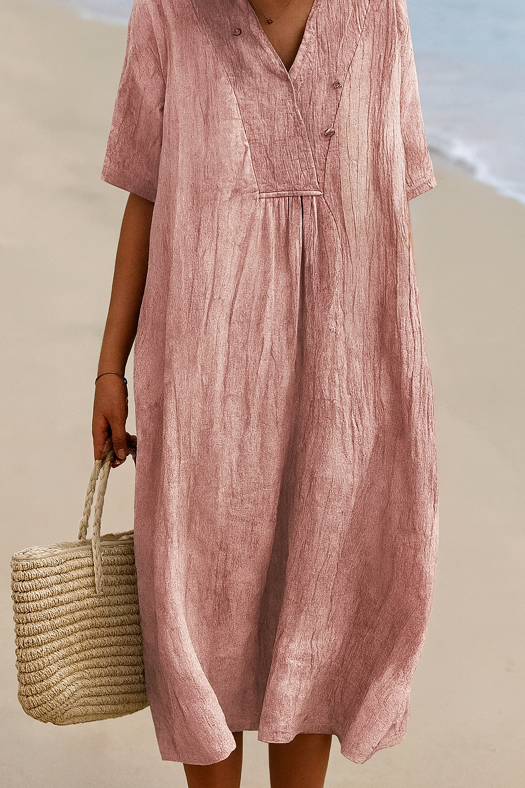 Women's Relaxed Fit V-Neck Short Sleeve Beach Dress