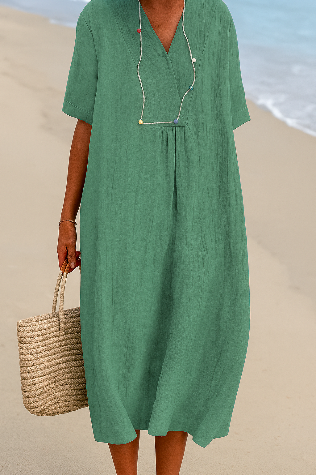 Women's Relaxed Fit V-Neck Short Sleeve Beach Dress