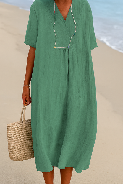 Women's Relaxed Fit V-Neck Short Sleeve Beach Dress