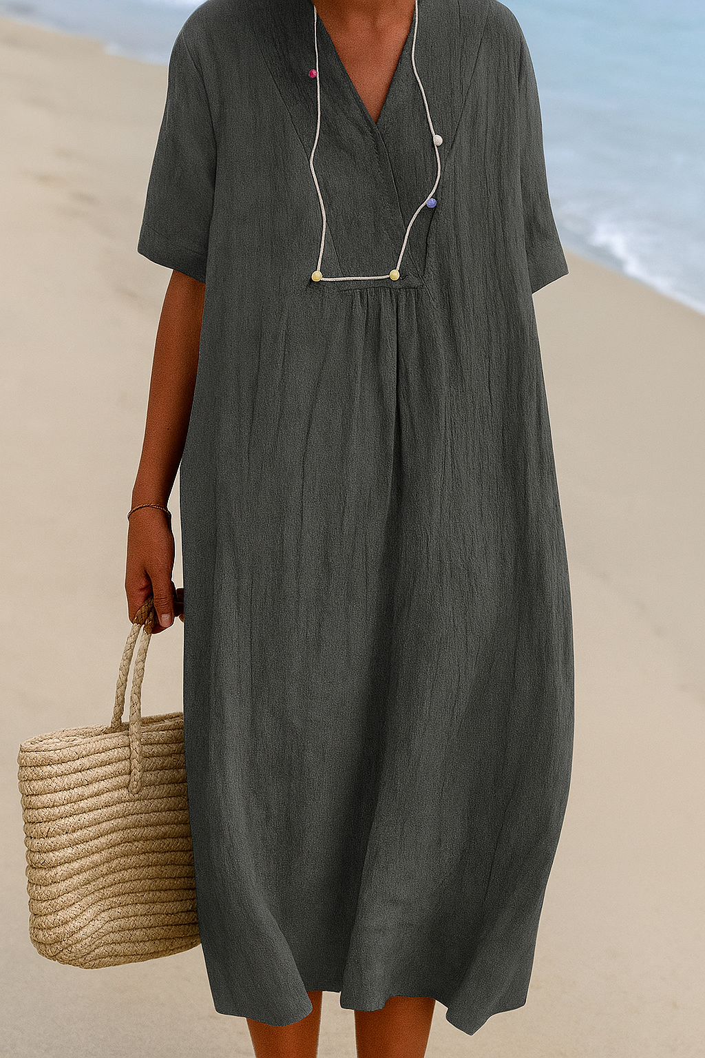 Women's Relaxed Fit V-Neck Short Sleeve Beach Dress - Fashinoza