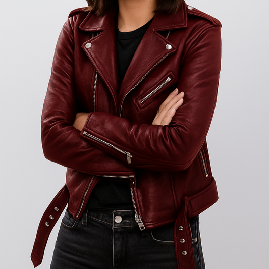 Women's Leather Biker Jacket Slim Fit - Fashinoza