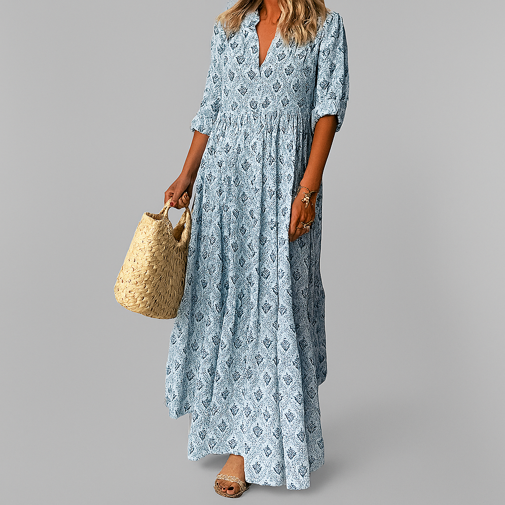 Women's Cotton Maxi Dress Vintage Print Lightweight - Fashinoza