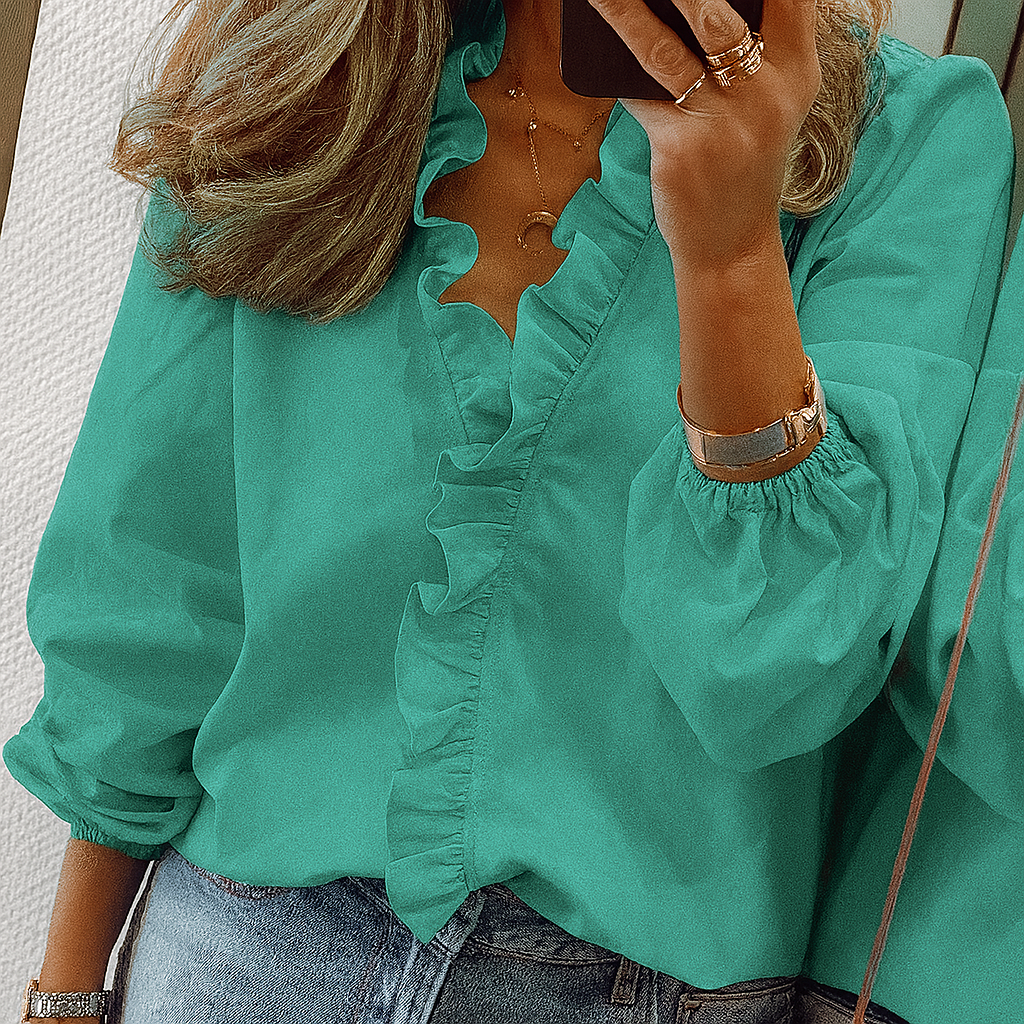 Women's Puff Sleeve Blouse Ruffle Trim Teal