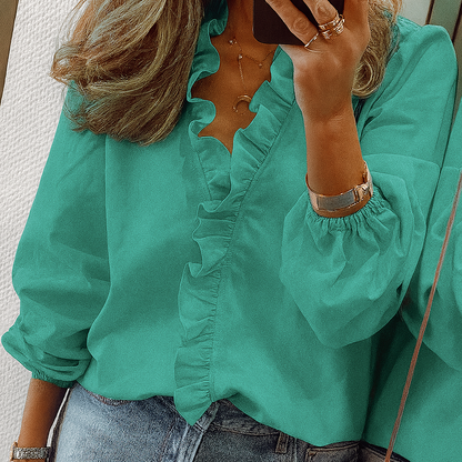 Women's Puff Sleeve Blouse Ruffle Trim Teal
