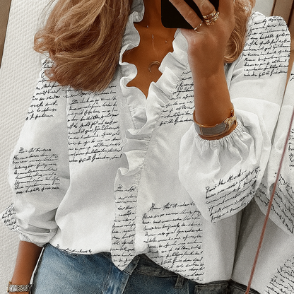 Women's Puff Sleeve Blouse Ruffle Trim Teal
