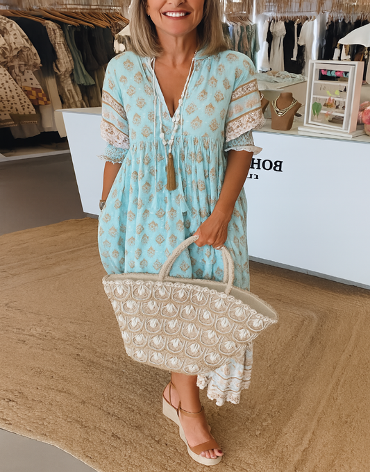 Women's Bohemian Lantern Sleeve Maxi Dress - Fashinoza
