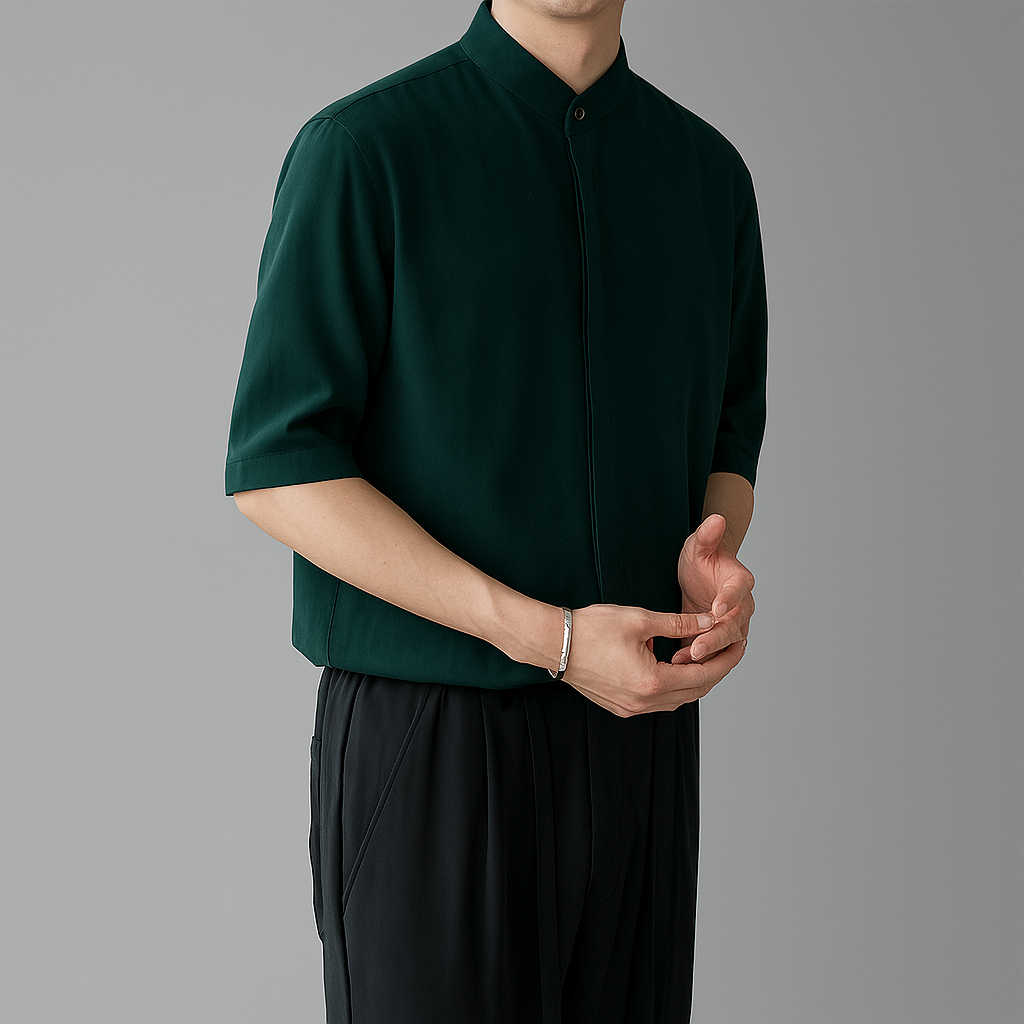 Men's Mandarin Collar Long Sleeve Shirt - Fashinoza