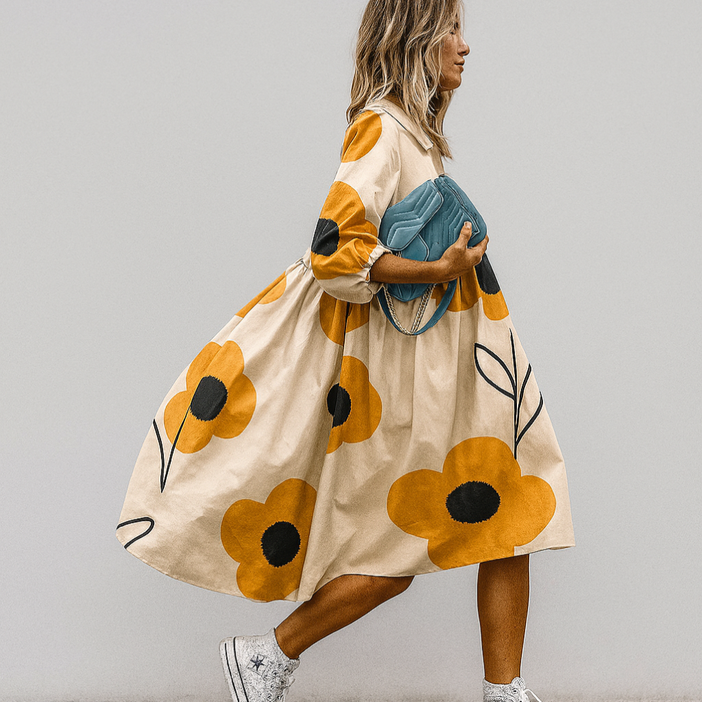 Women's Floral Midi Dress Oversized Cotton