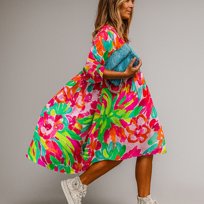 Women's Floral Midi Dress Oversized Cotton - Fashinoza