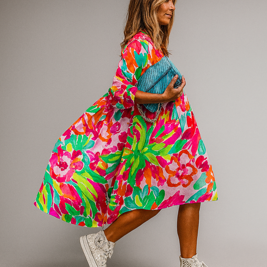 Women's Floral Midi Dress Oversized Cotton - Fashinoza