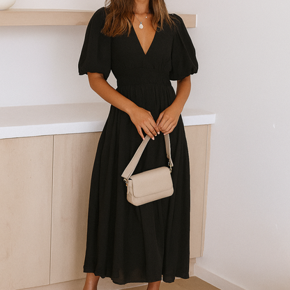 Women's V Neck Midi Dress Elastic Waist - Fashinoza