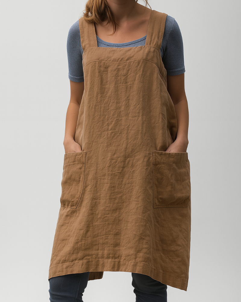 Women's Cotton Linen Dress Apron Style With Pockets - Fashinoza