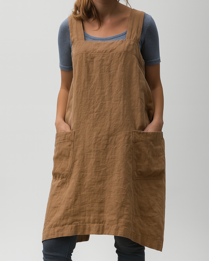 Women's Cotton Linen Dress Apron Style With Pockets - Fashinoza