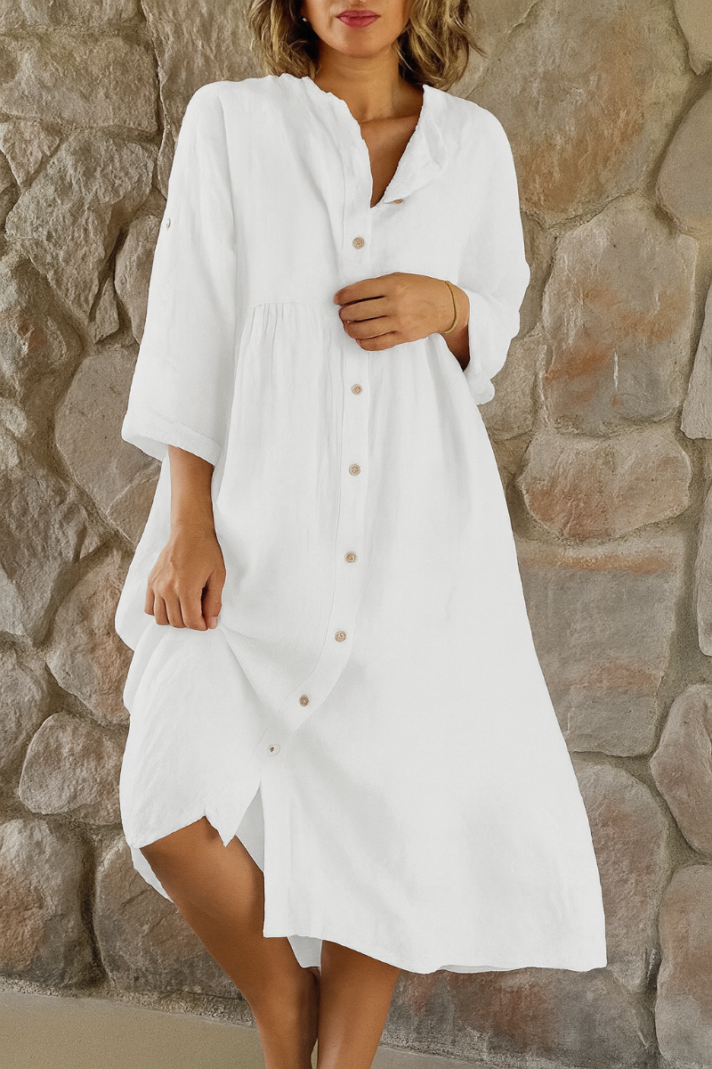 Cotton Linen Shirt Dress Relaxed Fit - Fashinoza