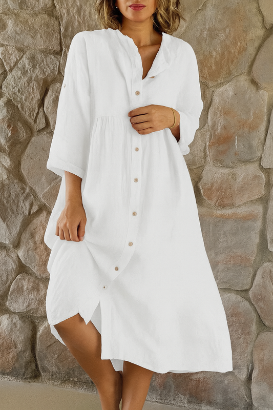 Cotton Linen Shirt Dress Relaxed Fit - Fashinoza