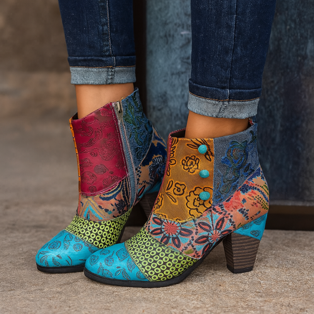 Women's Embossed Leather Ankle Boots Chunky Heel Floral