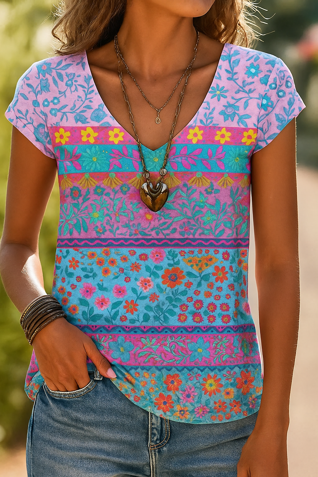 Women's V-Neck T-Shirt Floral Print Casual - Fashinoza