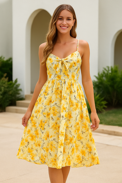 Women's Yellow Floral Summer Dress Vintage Style - Fashinoza