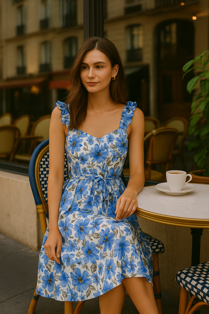 Women's Blue Floral Midi Dress Ruffled Straps