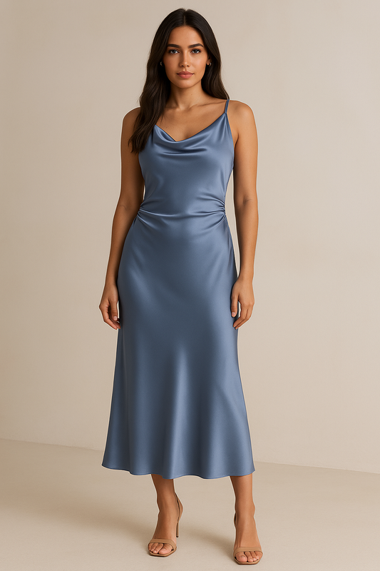 Women's Satin Midi Dress Cowl Neck Light Blue - Fashinoza