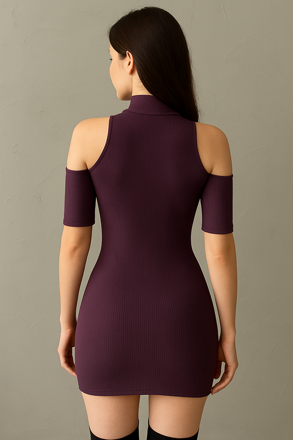 Women's Purple Ribbed Mini Cold Shoulder Dress