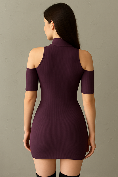 Women's Purple Ribbed Mini Cold Shoulder Dress