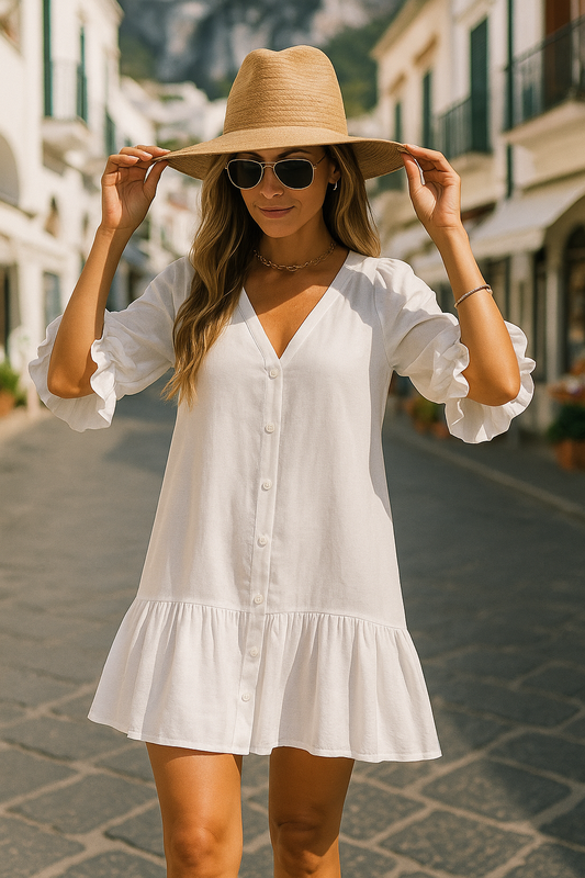 Women's Linen Ruffle Button-Down Dress White - Fashinoza