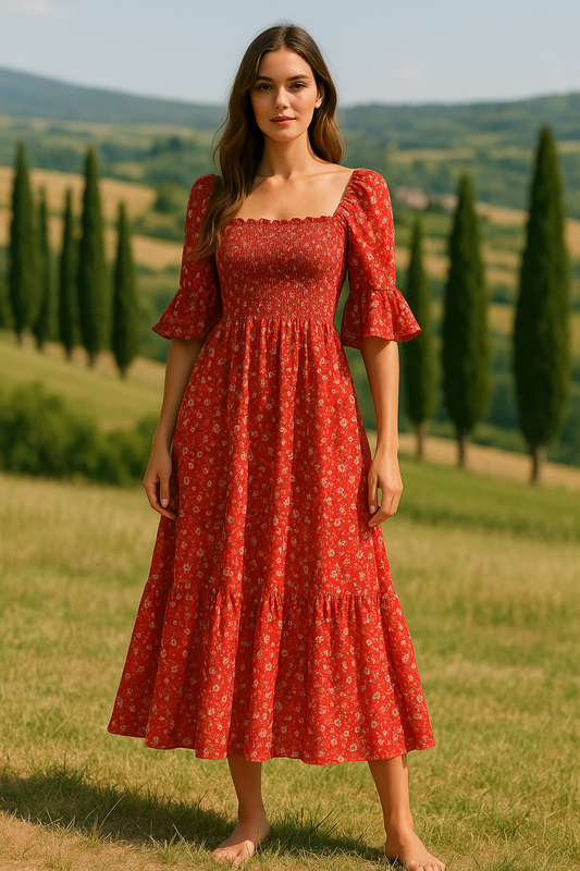Women's Floral Midi Dress Square Neck Ruffle Sleeves Red - Fashinoza