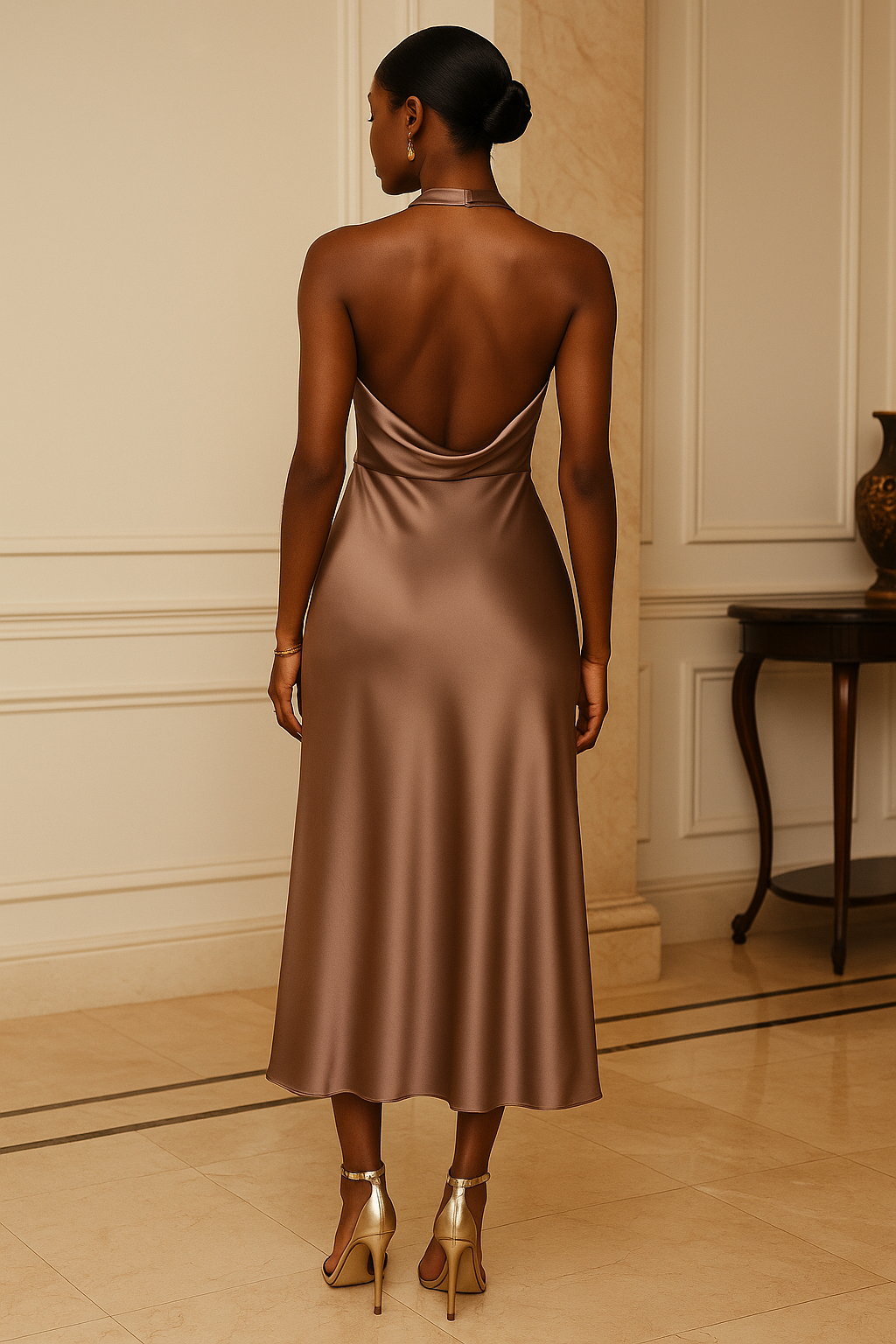 Women's Satin Midi Dress Halter Neck Champagne