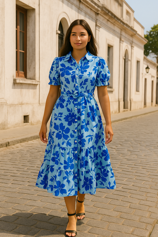 Women's Midi Dress Floral Light Blue Bold Print - Fashinoza