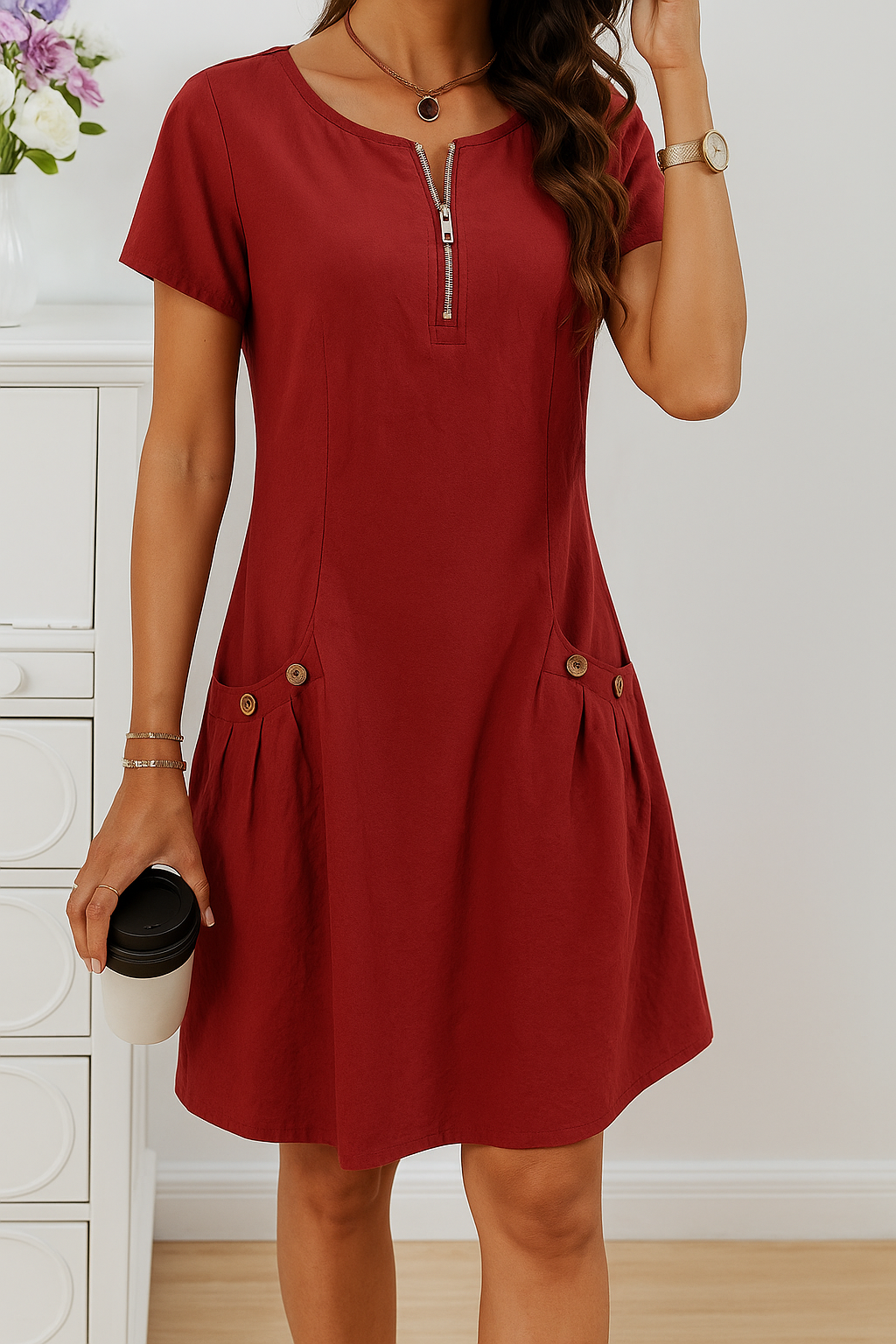 Women's Casual Midi Dress Front Pocket Design