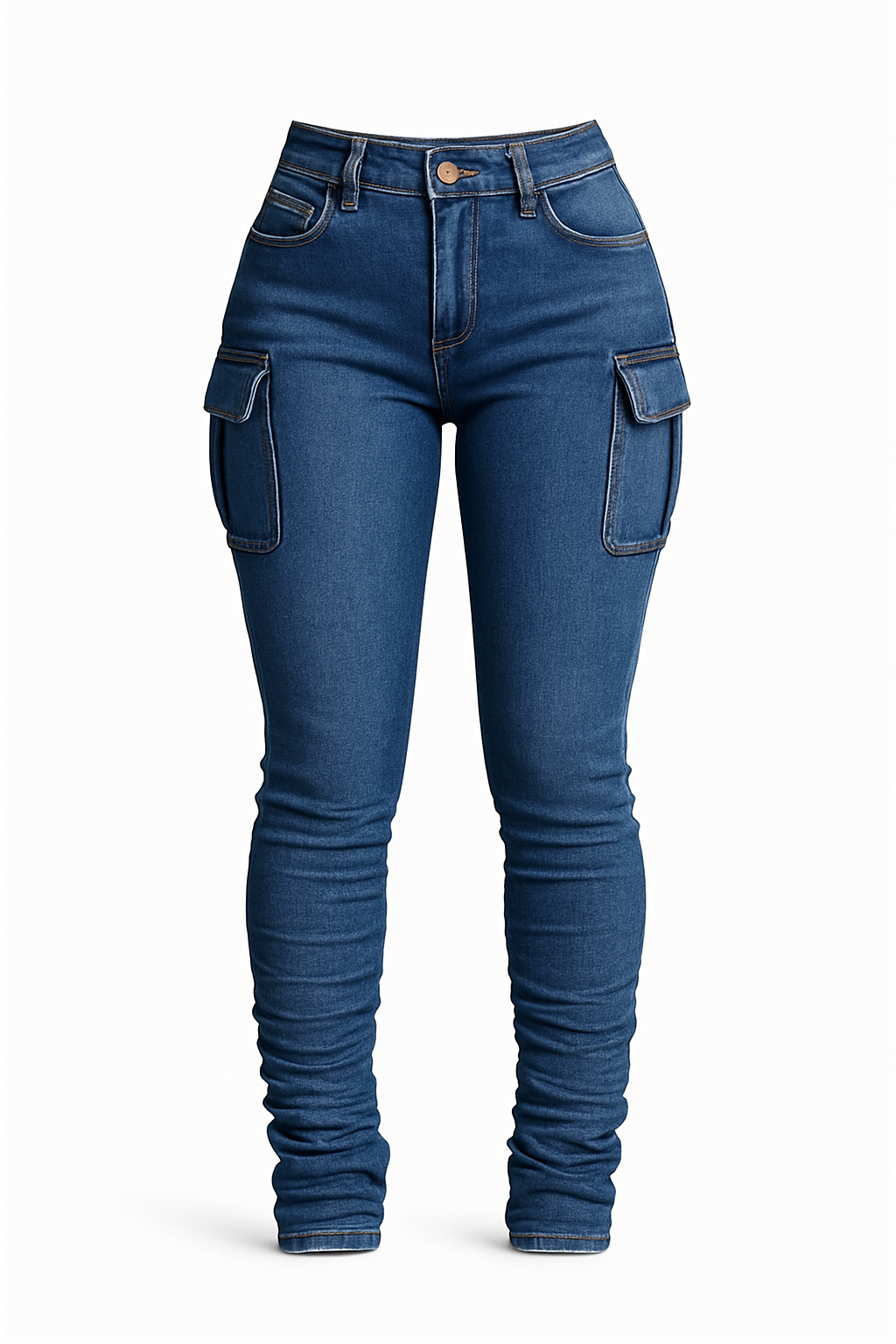 Women's High Waisted Elastic Jeans Multi-Pocket Dark Blue