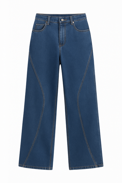 Women's Dark Blue Wide Leg Denim Jeans Loose Fit