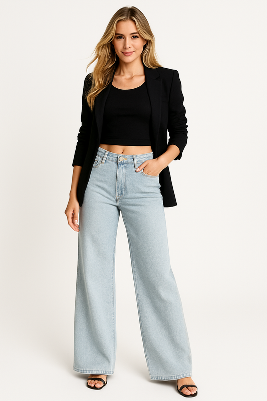 Women's Wide Leg Denim Trousers Low Waist Blue - Fashinoza