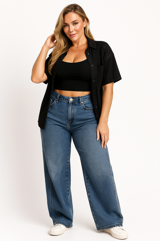 Women's Wide Leg Cargo Jeans High-Waisted Denim Blue - Fashinoza