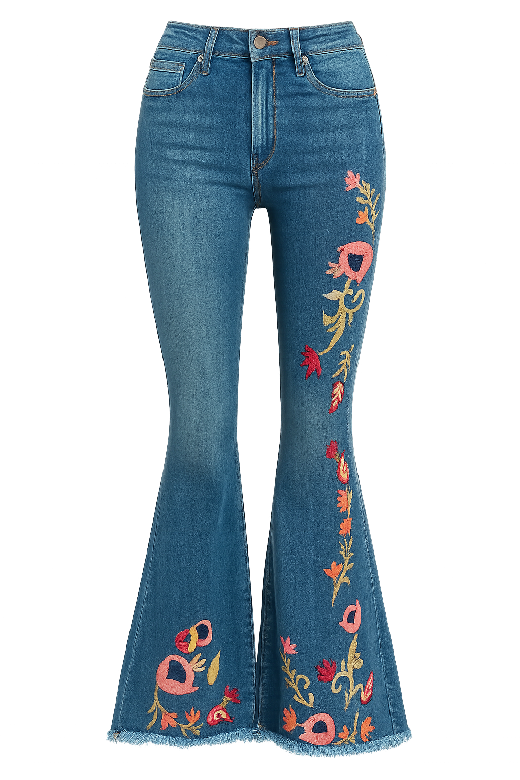Women's Floral Denim Flare Pants High-Waisted Slim Fit Blue