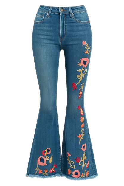 Women's Floral Denim Flare Pants High-Waisted Slim Fit Blue
