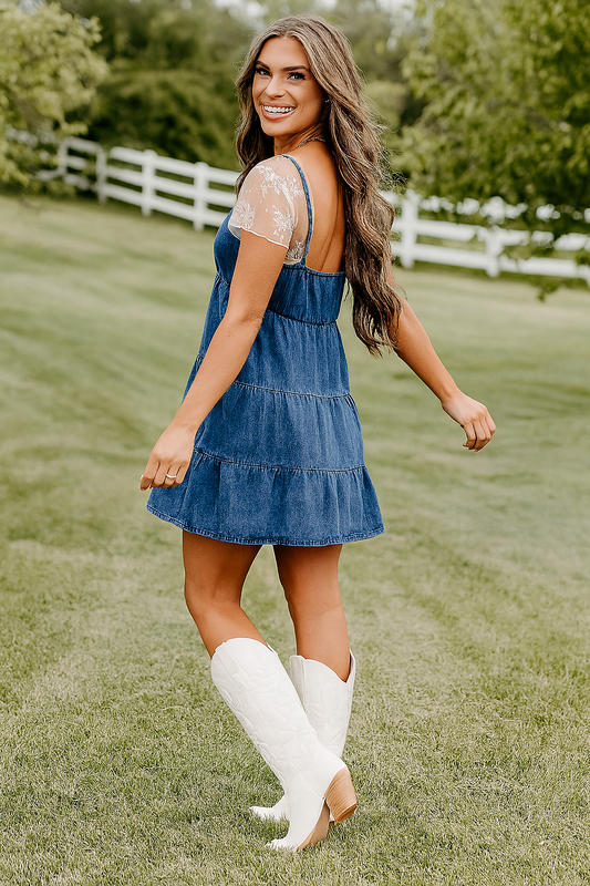 Women's Denim Mini Dress with Lace - Fashinoza