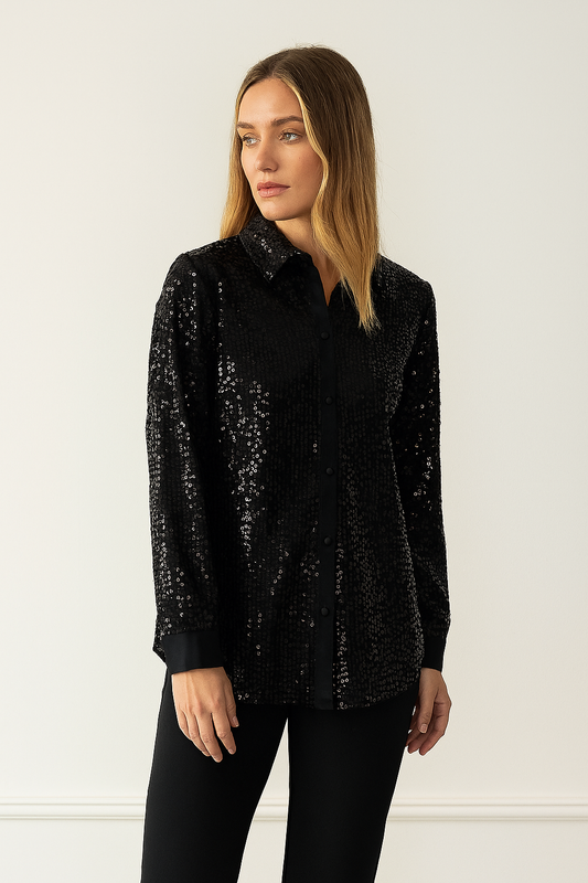 Women's Sequin Button-Up Shirt Black Glam - Fashinoza